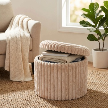 Schicker runder Hocker 43x32,5 cm in Beige mit praktischem Stauraum & Deckel - Eleganter Sitzhocker & bequeme Fussbank für das Wohnzimmer 