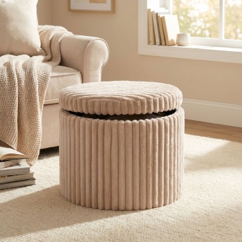 Schicker runder Hocker 52x38,5 cm in Beige mit praktischem Stauraum & Deckel - Eleganter Sitzhocker & bequeme Fussbank für das Wohnzimmer 