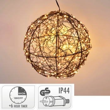 Preview: Traumhafte LED Lichtkugel schwarz 18cm: warmweisse Micro LEDs für Balkon & Wohnzimmer - Leuchtkugel mit Timer & Funkel-Effekt