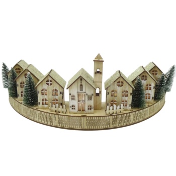 Preview: Wunderschöne LED Weihnachtsdeko 47cm: Winterdorf aus Holz beleuchtet, LED-Häuserszenerie perfekt als Fensterdeko & Tischdeko