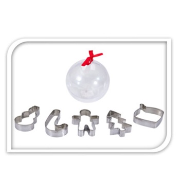 Preview: Edles 6-teiliges Keksausstecher-Set aus Edelstahl: 5 schöne Plätzchenformen für Weihnachten in Geschenk-Kugel zum Backen & Dekorieren