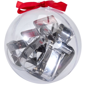 Preview: Edles 6-teiliges Keksausstecher-Set aus Edelstahl: 5 schöne Plätzchenformen für Weihnachten in Geschenk-Kugel zum Backen & Dekorieren