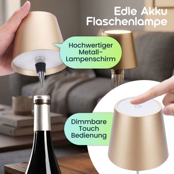 Preview: Edle Akku Flaschenlampe gold: Dimmbar - 3 Lichtfarben: Verwandelt Flaschen in stimmungsvolle Leuchten - Dekoratives Flaschenlicht mit Metallschirm