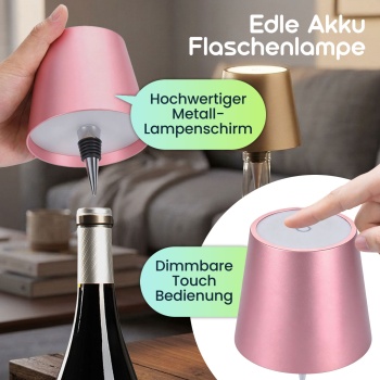 Preview: Edle Akku Flaschenlampe rosegold: Dimmbar - 3 Lichtfarben: Verwandelt Flaschen in stimmungsvolle Leuchten - Dekoratives Flaschenlicht mit Metallschirm