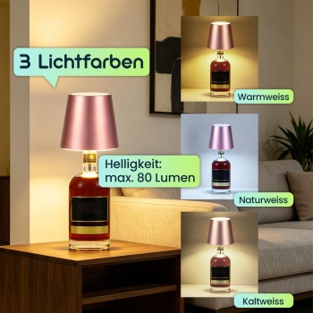 Preview: Edle Akku Flaschenlampe rosegold: Dimmbar - 3 Lichtfarben: Verwandelt Flaschen in stimmungsvolle Leuchten - Dekoratives Flaschenlicht mit Metallschirm