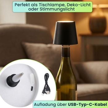 Preview: Edle Akku Flaschenlampe schwarz: Dimmbar - 3 Lichtfarben: Verwandelt Flaschen in stimmungsvolle Leuchten - Dekoratives Flaschenlicht mit Metallschirm