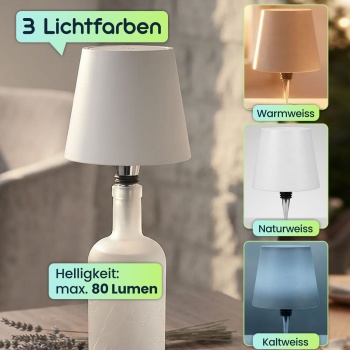 Preview: Edle Akku Flaschenlampe weiss: Dimmbar - 3 Lichtfarben: Verwandelt Flaschen in stimmungsvolle Leuchten - Dekoratives Flaschenlicht mit Metallschirm