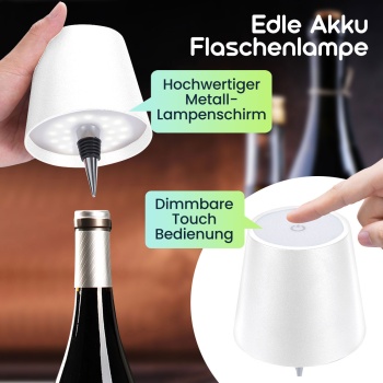 Preview: Edle Akku Flaschenlampe weiss: Dimmbar - 3 Lichtfarben: Verwandelt Flaschen in stimmungsvolle Leuchten - Dekoratives Flaschenlicht mit Metallschirm