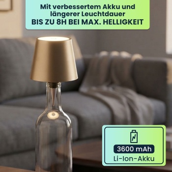 Preview: 2er-Set Edle Akku Flaschenlampe gold: Dimmbar - 3 Lichtfarben: Verwandelt Flaschen in stimmungsvolle Leuchten - Flaschenlicht mit Metallschirm