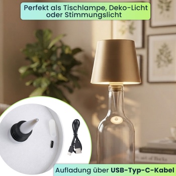 Preview: 4er-Set Edle Akku Flaschenlampe gold: Dimmbar - 3 Lichtfarben: Verwandelt Flaschen in stimmungsvolle Leuchten - Flaschenlicht mit Metallschirm