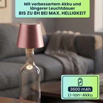 Preview: 2er-Set Edle Akku Flaschenlampe rosegold: Dimmbar - 3 Lichtfarben: Verwandelt Flaschen in stimmungsvolle Leuchten - Flaschenlicht mit Metallschirm