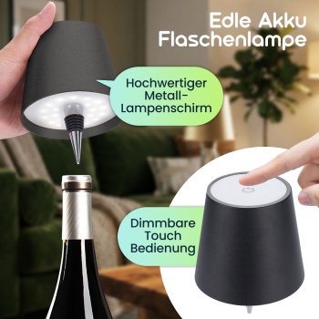 Preview: 4er-Set Edle Akku Flaschenlampe schwarz: Dimmbar - 3 Lichtfarben: Verwandelt Flaschen in stimmungsvolle Leuchten - Flaschenlicht mit Metallschirm