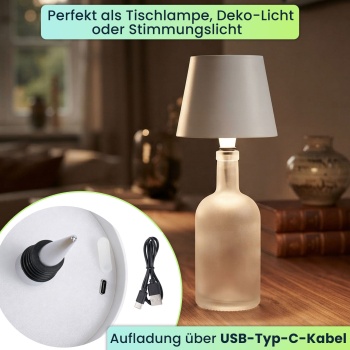 Preview: 2er-Set Edle Akku Flaschenlampe weiss: Dimmbar - 3 Lichtfarben: Verwandelt Flaschen in stimmungsvolle Leuchten - Flaschenlicht mit Metallschirm