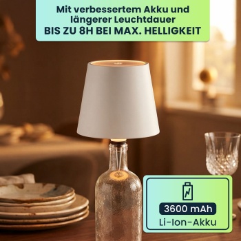 Preview: 2er-Set Edle Akku Flaschenlampe weiss: Dimmbar - 3 Lichtfarben: Verwandelt Flaschen in stimmungsvolle Leuchten - Flaschenlicht mit Metallschirm