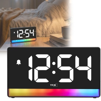 Moderner Digitalwecker mit Stimmungslicht: LED-Lichtwecker mit USB-Ladefunktion, 6 Farbverläufe, 8 konstante Farben, dimmbar - Netzbetrieb & Batterien