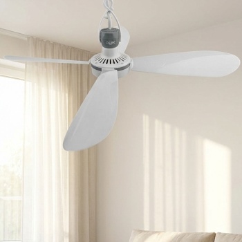 Mobiler Deckenventilator 43cm Ø, Hängeventilator mit Haken für Camping, Wohnwagen, Pavillon & Haus, 2m Stromkabel, Schalter, Abnehmbare Flügel, Weiss