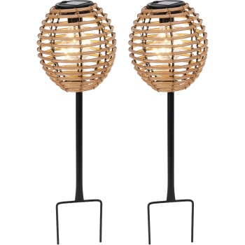 Preview: 2er-Set Elegante Solar-Steckleuchte für Garten & Terrasse: Robuste LED Solarlampe mit Metallstab, Rattan-Optik für stimmungsvolle Wege