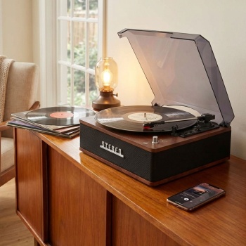 Retro Plattenspieler mit Bluetooth & integrierten Lautsprechern – Edles Vinyl Design, 3 Geschwindigkeiten, Line-Out – Vintage Musikanlage