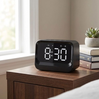 Digitaler Wecker mit Bluetooth 5.3 Lautsprecher, Doppelalarm und dimmbarem LCD Display, moderner Nachttischwecker in Schwarz