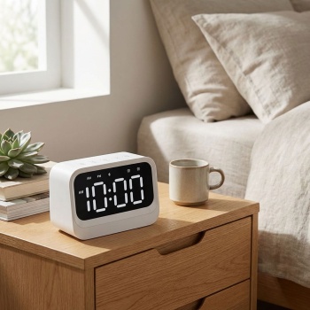 Digitaler Wecker mit Bluetooth 5.3 Lautsprecher, Doppelalarm und dimmbarem LCD Display, moderner Nachttischwecker in Weiss