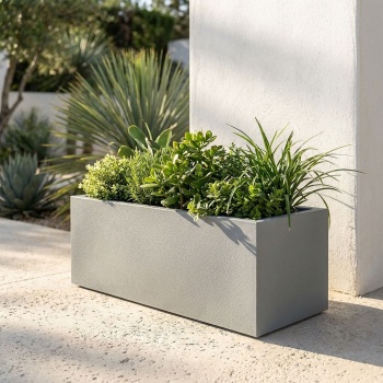 Preview: Blumentopf Rechteckig 58cm in Beton-Grau, Pflanzkasten 21L aus Kunststoff für Innen & Aussen, Frostsicher & UV-Beständig, Leichtgewicht