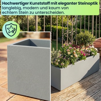 Preview: Blumentopf Rechteckig 58cm in Beton-Grau, Pflanzkasten 21L aus Kunststoff für Innen & Aussen, Frostsicher & UV-Beständig, Leichtgewicht