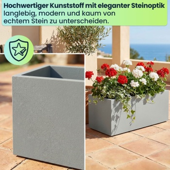 Preview: Blumentopf Rechteckig 58cm in Beton-Grau, Pflanzkasten 35L aus Kunststoff für Innen & Aussen, Frostsicher & UV-Beständig, Leichtgewicht