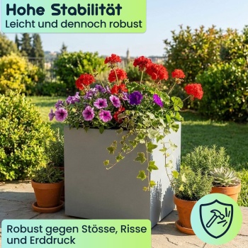 Preview: Blumentopf Quadratisch 47cm in Beton-Grau, Pflanzkasten 51L aus Kunststoff für Innen & Aussen, Frostsicher & UV-Beständig, Leichtgewicht