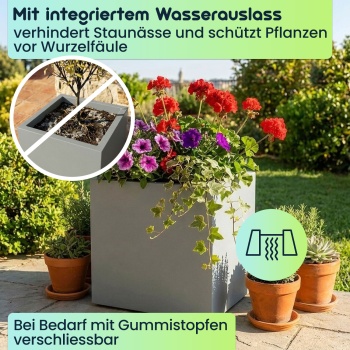 Preview: Blumentopf Quadratisch 47cm in Beton-Grau, Pflanzkasten 51L aus Kunststoff für Innen & Aussen, Frostsicher & UV-Beständig, Leichtgewicht