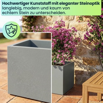 Preview: Blumentopf Quadratisch 58cm in Beton-Grau, Pflanzkasten 91L aus Kunststoff für Innen & Aussen, Frostsicher & UV-Beständig, Leichtgewicht