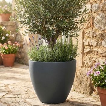 Preview: Blumentopf Rund 38cm, Graphit – Grosses Pflanzgefäss für Aussen und Innen – Moderne Optik & Edles Design für Garten und Terrasse