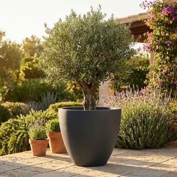 Preview: Blumentopf Rund 58cm, Graphit – Grosses Pflanzgefäss für Aussen und Innen – Moderne Optik & Edles Design für Garten und Terrasse