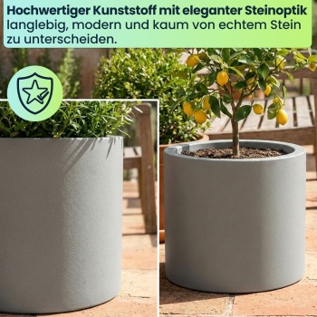 Preview: Moderner Blumentopf Rund Ø47cm in Beton-Grau, Pflanzkübel 40L aus Kunststoff für Innen & Aussen, Frostsicher & UV-Beständig, Leichtgewicht