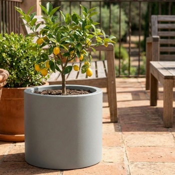 Moderner Blumentopf Rund Ø47cm in Beton-Grau, Pflanzkübel 40L aus Kunststoff für Innen & Aussen, Frostsicher & UV-Beständig, Leichtgewicht
