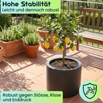Preview: Moderner Blumentopf Rund Ø47cm in Anthrazit, Pflanzkübel 40L aus Kunststoff für Innen & Aussen, Frostsicher & UV-Beständig, Leichtgewicht