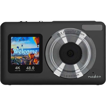 Preview: Digitale 4K Fotokamera 48MP mit Autofokus, Dual-Display für Selfies & Vlogs, 18x Digitalzoom, 5MP CMOS, Webcam-Funktion, LED-Blitz, Schwarz, 1/4 Zoll