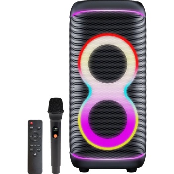 Preview: Leistungsstarker Bluetooth Partylautsprecher mit 100W RMS, TWS, LED Lichtshow, Mikrofon & Fernbedienung – IPX4 Wetterfeste Soundanlage für Outdoor