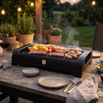 Elektrischer Tischgrill 1500W Schwarz mit Antihaft-Grillplatte: stufenloses Thermostat, ideal für fettarmes Grillen, kompakt, edel, einfaches Reinigen