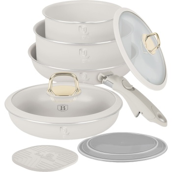 Preview: 9-teiliges Kochgeschirr Set, stapelbar mit abnehmbarem Griff: antihaftbeschichtet, induktionsgeeignet, edles mattes Design in Creme, robust