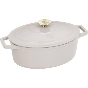 Preview: Ovaler Bräter Ø30cm Gusseisen Schmortopf, induktionsgeeignet: Eleganter Brattopf & Kasserolle zum Schmoren, Braten & Backen, Creme