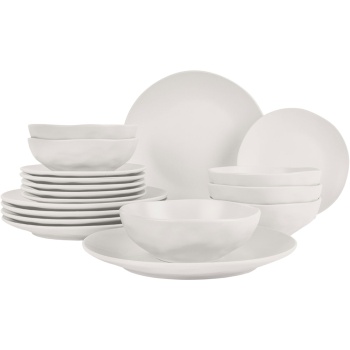 Preview: Exklusives 18-tlg. Geschirr-Set Creme: Tafelservice aus Steinzeug für 6 Personen, spülmaschinenfest & mikrowellengeeignet - für elegante Dinner