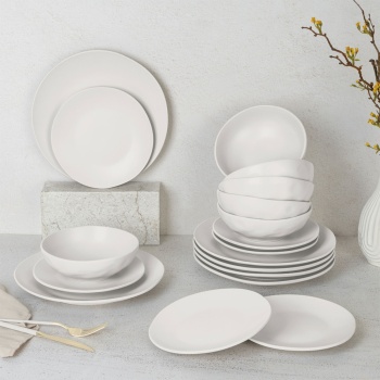 Preview: Exklusives 18-tlg. Geschirr-Set Creme: Tafelservice aus Steinzeug für 6 Personen, spülmaschinenfest & mikrowellengeeignet - für elegante Dinner