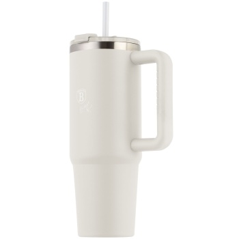 Preview: Isolierbecher 1 Liter Edelstahl mit 30 cm Strohhalm, mattes Creme - Moderner Thermobecher für Kaffee, Eistee u.v.m. - hält lange heiss oder eiskalt