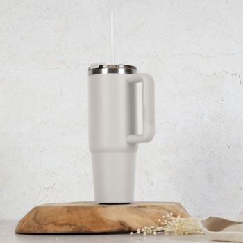 Preview: Isolierbecher 1 Liter Edelstahl mit 30 cm Strohhalm, mattes Creme - Moderner Thermobecher für Kaffee, Eistee u.v.m. - hält lange heiss oder eiskalt
