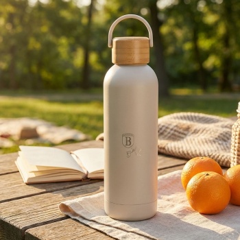 Thermosflasche 0,5 Liter Edelstahl mit Bambus-Deckel – Edle Isolierflasche in mattem Design, ideal für heisse und kalte Getränke unterwegs
