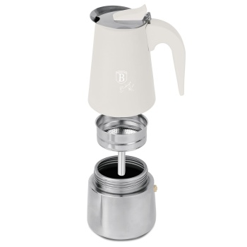 Preview: Espresso Kocher für 6 Tassen, mattes Creme: Mokkakanne aus Edelstahl, schneller Espressokocher für perfekten Kaffeegenuss, pflegeleicht