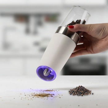 Preview: Elektrisches Salz- und Pfeffermühlen-Set 2-teilig: automatischer Start beim Umdrehen, LED-Licht, Keramikmahlwerk, einstellbar, Mattcreme