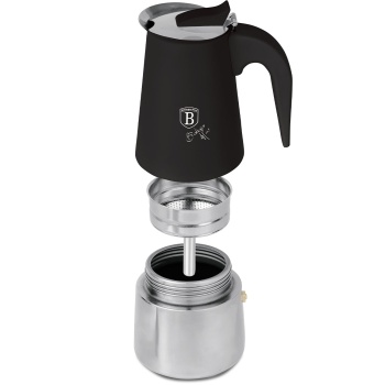 Preview: Espresso Kocher für 6 Tassen, mattes Schwarz: Mokkakanne aus Edelstahl, schneller Espressokocher für perfekten Kaffeegenuss, pflegeleicht