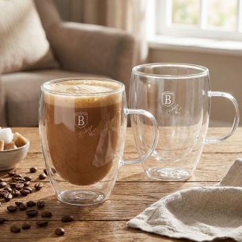 Preview: 2er-Set doppelwandige Kaffee-Tassen mit Henkel, 300 ml, Schwebeeffekt, hitzebeständiges Barista Glas, Cappuccino, Latte-Macchiato, Tee