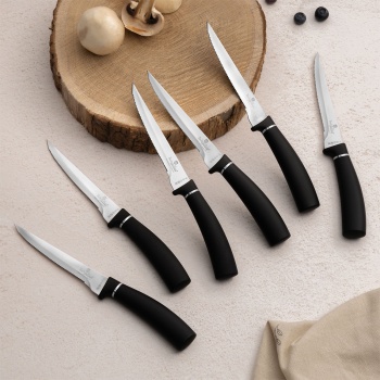 Preview: Steakmesser Set 6 teilig aus Edelstahl - Scharfe Fleischmesser 11,5 cm Klinge mit Soft-Touch Griff - Edle Messer, Schwarz